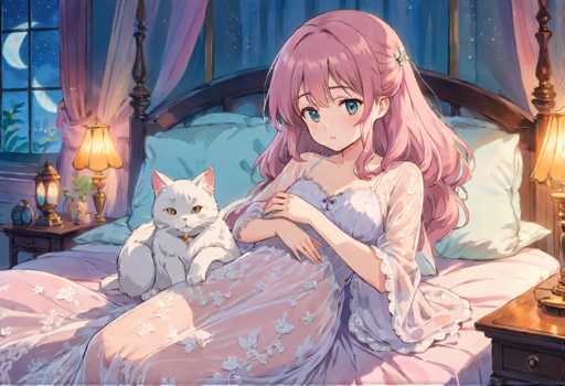 A pink-haired girl is lying on a bed with white pillows and a white cat sitting next to her. The room has purple curtains and a nightstand with a lamp.