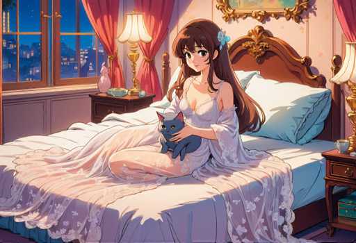 A woman is sitting on a bed with her legs crossed and holding a cat. The room has pink curtains and a gold lampshade that casts a warm glow over the scene.