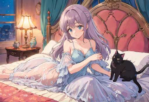 A woman with long hair and blue eyes is lying on a bed next to a black cat. The room has pink walls and a green lamp that casts a warm glow over the scene.