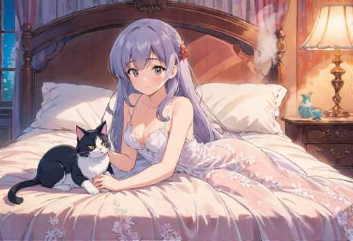 A woman with long hair and a white dress is lying on her stomach on an unmade bed next to a black cat.