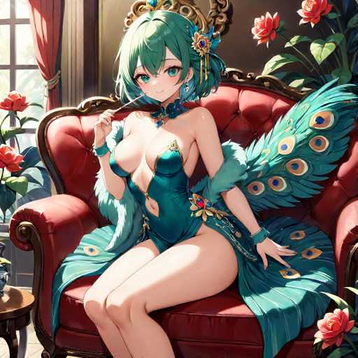 A woman with green hair and a blue dress is sitting on a red chair in front of a window filled with pink flowers.