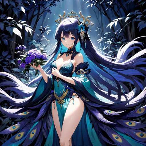 The image depicts an anime character with long dark hair and blue eyes wearing a blue dress adorned with gold accents. The character is holding a bouquet of flowers and standing in front of trees.