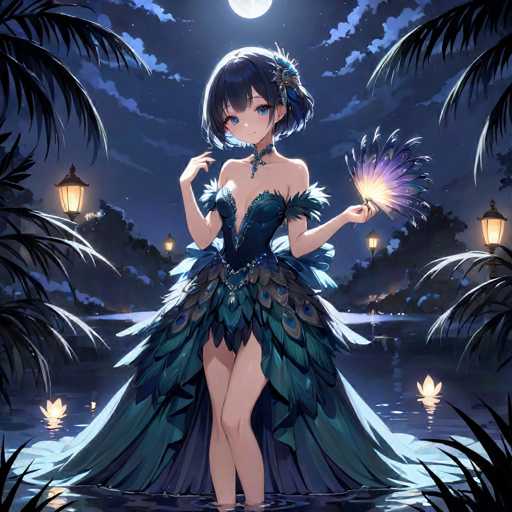 A young girl stands on her tiptoes in a body of water, wearing a blue dress with a peacock feather headpiece and holding a fan. The background features palm trees and lanterns, creating an enchanting nighttime scene.