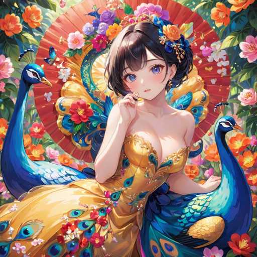 The image depicts a woman with long dark hair wearing a gold dress adorned with blue and red flowers. She is holding an umbrella and surrounded by various colorful flowers and peacocks. The background features a vibrant garden filled with orange and pink flowers.