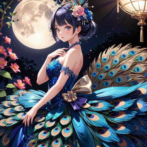A young girl with blue hair and a blue dress is shown against the backdrop of a full moon and surrounded by pink flowers.