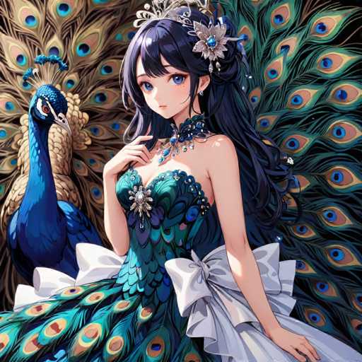 A young girl with long dark hair is standing against a black background and wearing a blue dress adorned with white flowers on her head. A peacock is perched behind the girl, its feathers displaying an array of colors including shades of blue, green, and gold.