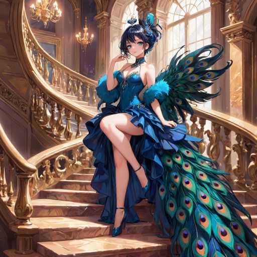 A woman is standing on a staircase with her legs crossed and wearing a blue dress adorned with peacock feathers. She has a crown on her head and is holding a parasol in one hand while the other hand rests on her hip. The staircase she stands on leads to an ornate room, which features a large window that allows natural light to illuminate the space.