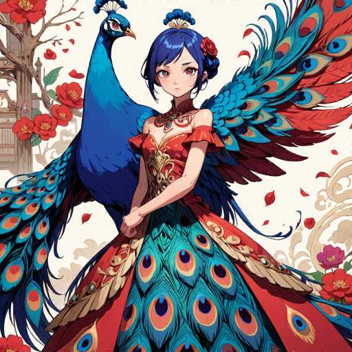 The image depicts a young girl with blue hair and a red dress standing next to a peacock with blue and green feathers. The background is white with red flowers scattered around the scene.