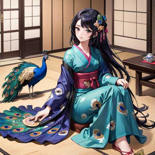 A young girl with long dark hair is seated on a wooden floor wearing a blue and gold kimono adorned with peacock feathers. A peacock stands nearby, its vibrant plumage contrasting against the brown floor. The room features traditional Japanese architecture with white walls and tatami mats covering the floor.