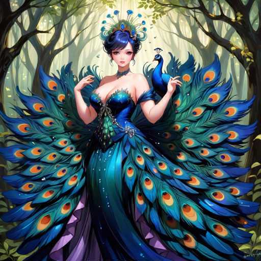 A woman is standing in front of a forest with her hands on her hips and wearing a blue peacock costume that includes a headpiece adorned with feathers. The background features trees and foliage, creating an impressionistic style reminiscent of the Hudson River School paintings from the 19th century.