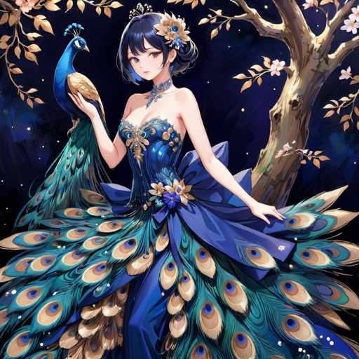 A young girl with blue hair and a blue dress stands next to a tree adorned with pink flowers. The girl is holding a peacock feather duster.