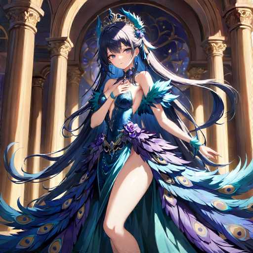 A woman with long dark hair and blue eyes is shown wearing a blue dress adorned with peacock feathers. She has her hands clasped together on her hips and is standing in front of an archway that leads to the sky. The background features columns and a window, suggesting a grand or ornate setting.