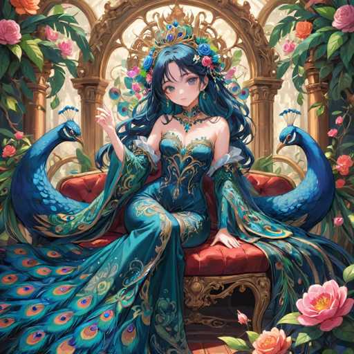A beautiful woman with long dark hair is seated on a red chair adorned with gold accents and wearing a blue dress decorated with gold and pink flowers. Two peacocks are perched on her shoulders, one of which has a crown of flowers on its head. The background features a garden filled with pink and orange flowers, and an archway covered in green leaves.