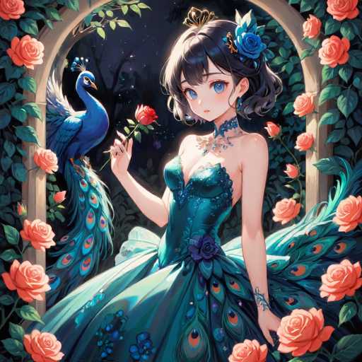 A young girl with blue eyes and a black dress is shown holding a rose in her hand while standing next to a peacock. The peacock has a blue headdress on its head and is surrounded by pink roses.