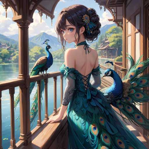 A woman with long hair and a blue dress stands on a balcony overlooking a lake surrounded by mountains. Two peacocks are perched on the railing behind her.