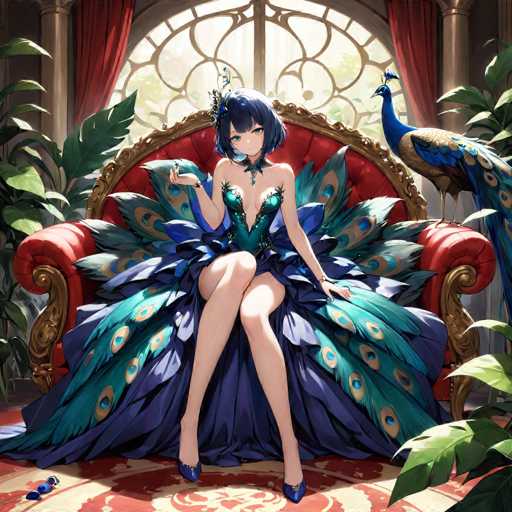 The image depicts a woman wearing a blue dress with peacock feathers and a crown on her head, sitting on a red couch with two peacocks standing behind her. The room has a window with curtains that allows natural light to enter the space, creating an atmosphere of elegance and tranquility.