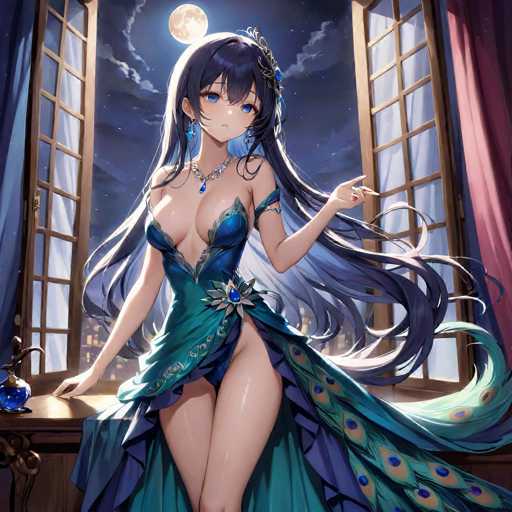 The image depicts a woman with long dark hair wearing a blue dress adorned with peacock feathers and a tiara on her head. She is standing next to a window that offers a view of the night sky, which includes a full moon. The background features a pink curtain and a wooden table.