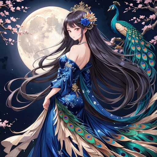 The image depicts a woman with long dark hair wearing a blue dress adorned with gold accents and a crown on her head. She is standing against the backdrop of a full moon, which is surrounded by pink flowers. The woman's position in front of the moon suggests that she might be at the center of an event or gathering.