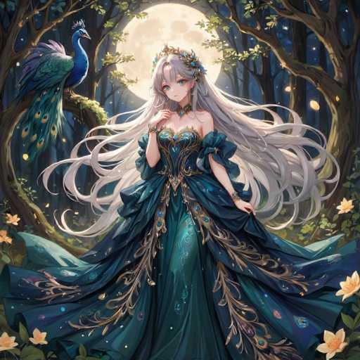 A beautiful girl with long blonde hair is standing in a forest surrounded by trees and flowers. She is wearing a blue dress adorned with gold accents that sparkles under the moonlight. A peacock is perched on one of the tree branches behind her.