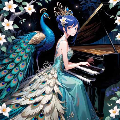 A woman is seated at a grand piano with her hands on the keys, dressed in a blue and white dress adorned with gold accents. A peacock stands behind her, its feathers shimmering under the light. The background features trees and flowers, creating an enchanting forest setting.