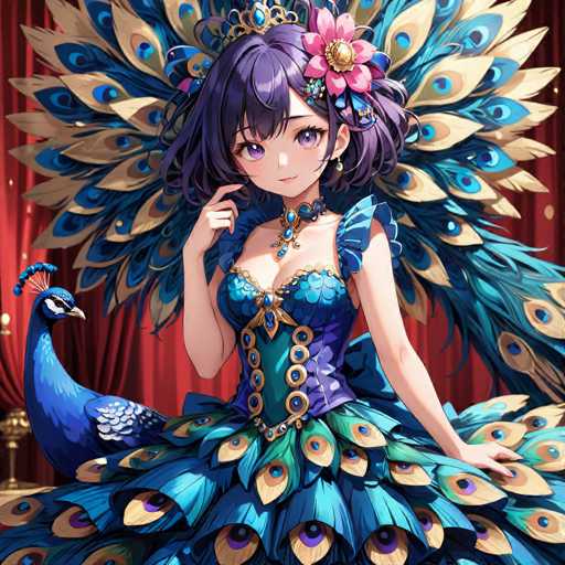 A young girl with purple hair and a blue dress stands in front of a red curtain, holding her hand up to her face as she gazes at the camera. A peacock is perched on her shoulder, its feathers a mix of blue and gold.