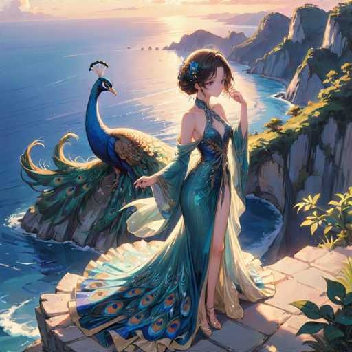 The image depicts a woman wearing a blue dress with gold trim and a peacock standing on her shoulder. The background shows the ocean meeting a mountain range under a clear sky.