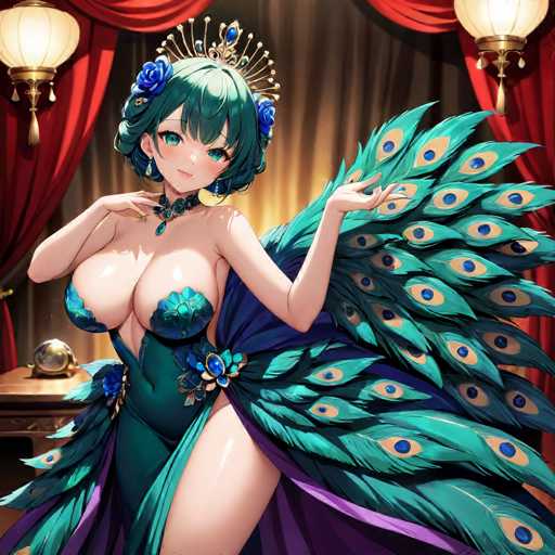 A woman with blue hair and a peacock feather dress is shown posing for the camera against a red curtain backdrop.
