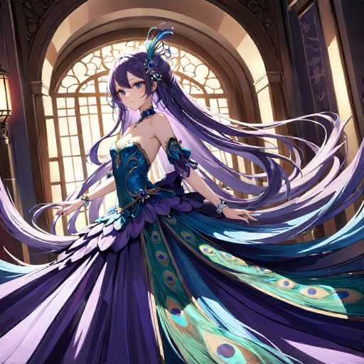 A woman with long purple hair is shown wearing a blue peacock feather-like dress and has her arms outstretched as she stands in front of an ornate archway.