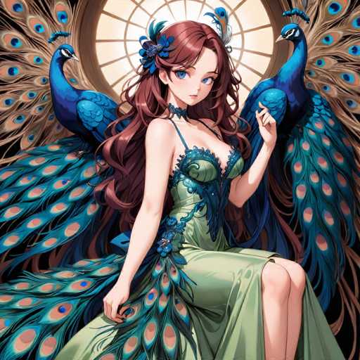 A young girl with long brown hair is depicted wearing a green dress and holding two peacock feathers. The background features a window adorned with blue peacock feathers.