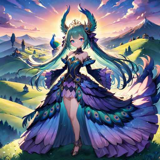 A young girl with long hair and blue eyes stands on a grassy hillside, wearing a vibrant peacock costume that includes a large headdress adorned with feathers and a crown of flowers at the back of her head. The background features a picturesque landscape with rolling hills under a clear sky dotted with fluffy white clouds.