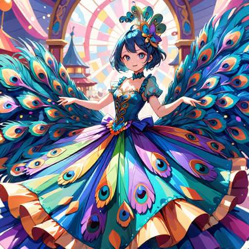A young girl with blue hair and a peacock feather headdress is the main subject of this digital illustration. She is wearing a vibrant blue dress adorned with gold and purple accents that flow outwards from her waist down to her feet. The background features an ornate archway, possibly leading to a temple or palace, which adds to the overall grandeur of the scene.