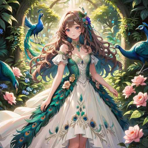 A young girl with long brown hair and a beautiful white dress adorned with blue and green peacock feathers is the main focus of this illustration. The background features lush greenery and blooming pink flowers, creating an enchanting garden-like setting. Two peacocks are present in the scene - one on the left side and another on the right side, adding to the magical atmosphere.