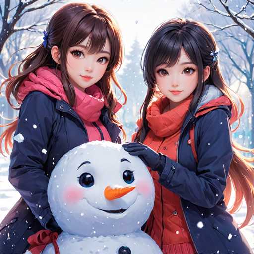 The image depicts two young women standing together in a snowy forest. The woman on the left is wearing a blue jacket and pink scarf, while her companion on the right is dressed in an orange sweater with a red scarf. They are both holding a snowman made of snowballs, which they have crafted from the snow around them.