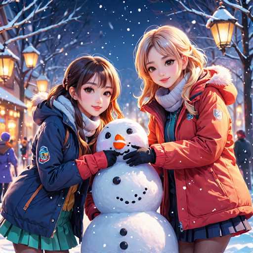 The image depicts two young women standing next to a snowman on a snowy street at night. The woman on the left is wearing a blue jacket and green skirt, while her companion on the right is dressed in an orange coat with a white scarf. They are both smiling as they pose for the photo. In the background, there are trees lining the street, and lampposts can be seen further down the road.