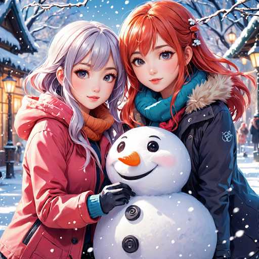 The image depicts two women standing together and holding a snowman made from a large snowball on their hands. The woman on the left is wearing a pink jacket and has long hair falling over her shoulders. The other woman is wearing a blue scarf and has short red hair. They are positioned in front of a building with a chimney, suggesting an urban setting.