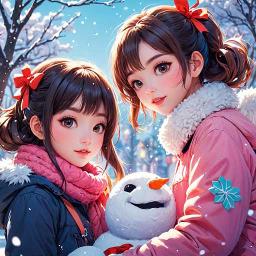 The image depicts two young girls standing together and holding a snowman. The girl on the left is wearing a pink jacket with red bows, while her companion is dressed in a pink coat. They both have their faces lit up with smiles as they pose for the photo. In the background, there are trees covered in snow, suggesting that it might be winter or during the holiday season.
The style of the image can be described as whimsical and playful, capturing the joyous spirit of the girls and the festive atmosphere created by the snowy setting.