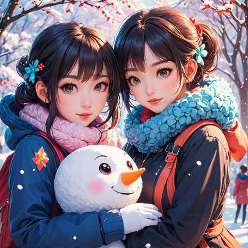The image depicts two young women standing together against a snowy background with trees and bushes in the distance. The woman on the left is wearing a blue jacket and has a pink scarf wrapped around her neck. She is holding a snowman figure that has a carrot nose and sticks for arms, as well as a red backpack slung over one shoulder. The other woman on the right is also dressed warmly with a blue coat and a matching blue scarf.