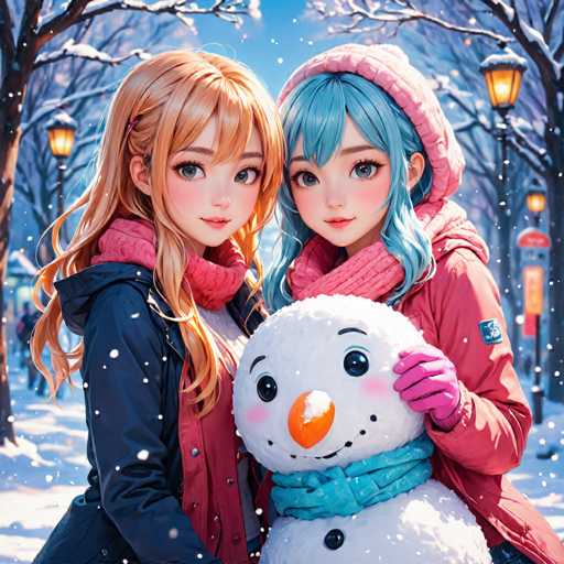 The image depicts two women standing together on a snowy street, each holding a snowman made of snow and wearing winter clothing such as hats and scarves. The woman on the left is wearing a black jacket with pink accents, while her companion on the right is wearing a red coat with blue accents. They are positioned in front of a tree adorned with snowflakes, creating a serene winter scene.