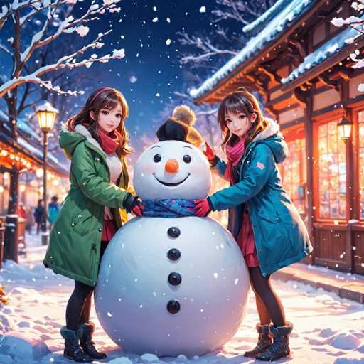 The image depicts two young women standing next to a snowman on a snowy street. The woman on the left is wearing a green coat and red scarf, while her companion on the right is dressed in a blue jacket with a red scarf. They are both smiling as they interact with the snowman, which has a carrot nose and coal eyes. In the background, there are buildings visible through the falling snowflakes.