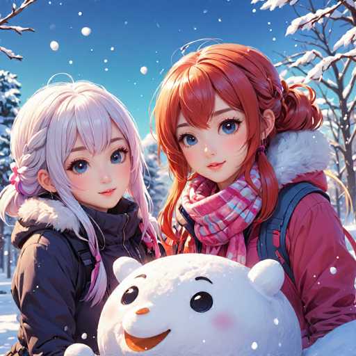 The image depicts two women standing together in a snowy forest. The woman on the left is wearing a black jacket and has blonde hair styled in pigtails. She is holding a large snowman made of three snowballs. The other woman on the right is wearing a pink scarf around her neck, with red hair that matches the color of the snowflakes falling from the sky. They are both smiling at the camera.
