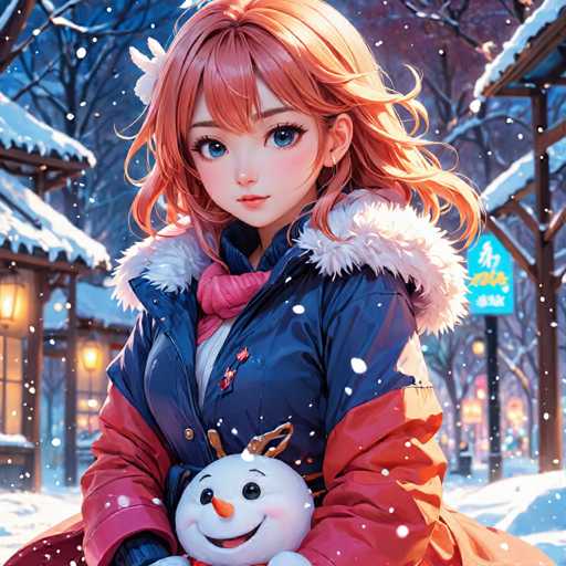 A young girl with red hair and a blue scarf is holding a snowman on her shoulder while standing in front of a building covered in snow.