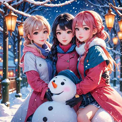 The image depicts three young women posing for a portrait with a snowman as the central focus. The woman on the left is wearing a pink coat and holding a small snowball, while the two women in the center are dressed in red coats and standing next to each other.