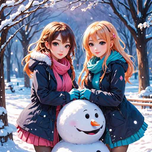 The image depicts two cartoon girls standing next to a snowman on a snowy day. The girl on the left is wearing a black coat and pink scarf, while her companion on the right is dressed in a blue jacket with a pink scarf. They are both smiling at the camera, creating a warm and friendly atmosphere. In the background, there's a tree covered in snow, adding to the wintery setting of the scene.