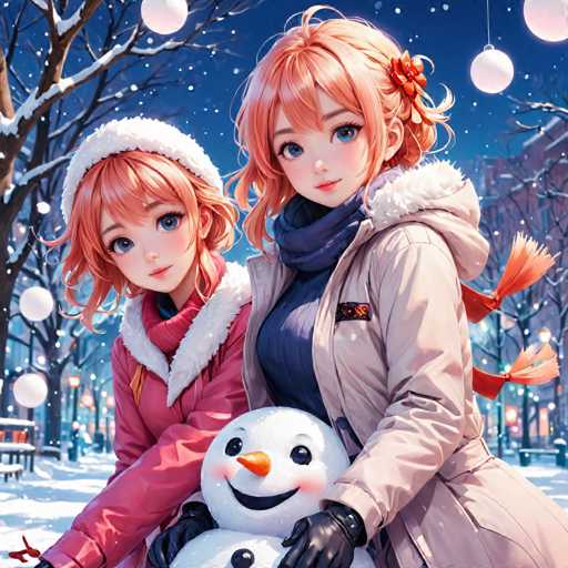 The image depicts two women standing together on a snowy street, with snowflakes falling around them and trees visible in the background. The woman on the left is wearing a pink coat and hat, while her companion on the right is dressed in a beige jacket and scarf. They are both holding a snowman made of three snowballs, which they have placed on their shoulders as if posing for a photo.