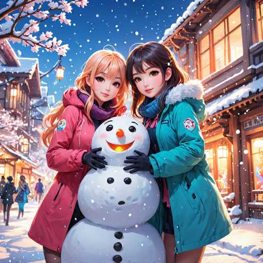 The image depicts two women standing on a snowy street, each holding a snowman made of three snowballs and a carrot nose. The woman on the left is wearing a pink coat with a fur collar, while the woman on the right is wearing a blue coat with a fur collar. They are positioned in front of a building adorned with lights that illuminate the scene against the snowy backdrop.