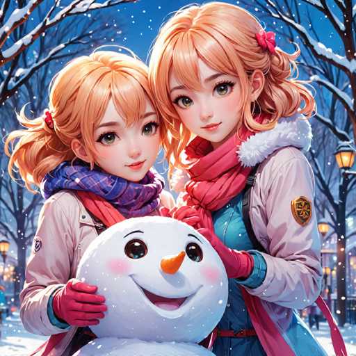 The image depicts two cartoon girls standing together and holding a snowman. The girl on the left is wearing a white coat with red stripes and has blonde hair styled in pigtails. Her companion on the right is also dressed in a white coat but with blue stripes. They are both smiling, adding to the cheerful atmosphere of the scene. In the background, there are trees and street lamps, suggesting an outdoor setting during the winter season.
