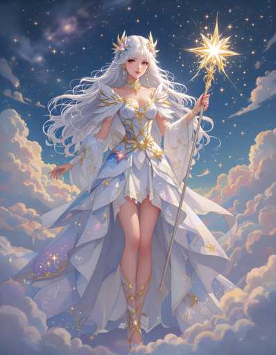 A white-haired woman with a golden crown and star on her head is depicted holding a sword in the center of a blue sky dotted with stars.