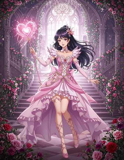 A young girl with long dark hair is walking down a staircase adorned with pink flowers and roses. She is wearing a pink dress that flows behind her as she moves. The girl holds a wand in one hand and a heart-shaped necklace around her neck.