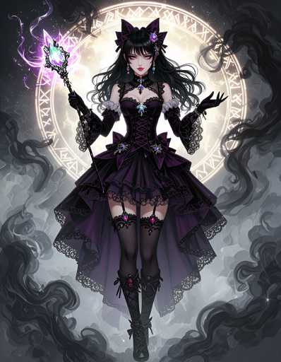 A woman with long dark hair and a black dress is depicted holding a wand in her right hand against a backdrop of a crescent moon and stars.