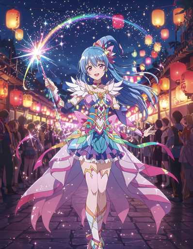 A young girl with blue hair and a colorful dress stands on a cobblestone street at night, holding a wand that is ablaze with bright colors of pink, purple, and yellow. The background features lanterns hanging from the buildings, creating a festive atmosphere.